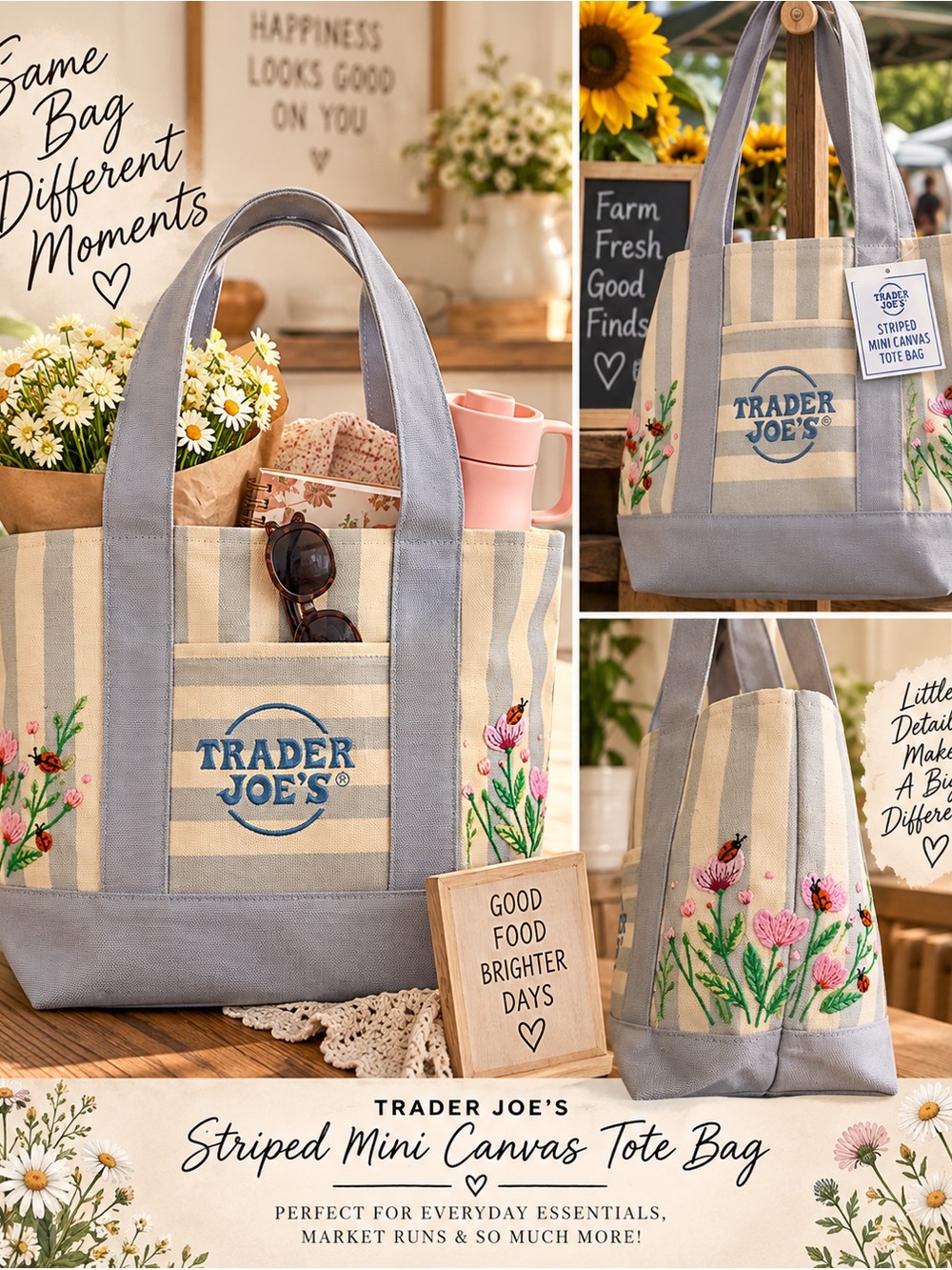 💙Trader Joe’s Mini Canvas Tote Bags with Custom Embroidery